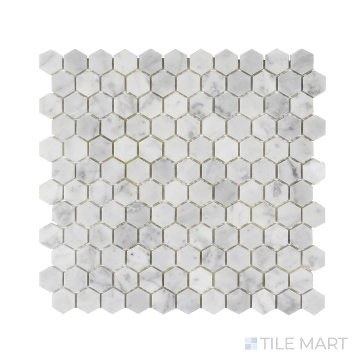 A refined close-up of Rockart Carrara Marble 1" Hexagon Mosaic, featuring classic Carrara marble in a modern hexagonal layout with natural veining.