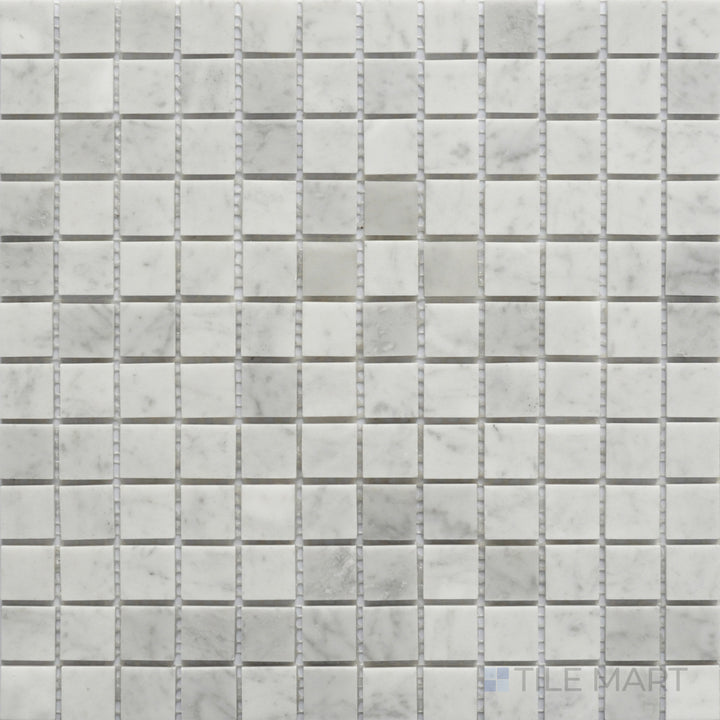 An overhead shot of the Rockart Carrara Marble 1" Square Mosaic emphasizes its classic small square layout with polished white Carrara marble, creating a clean and timeless style.