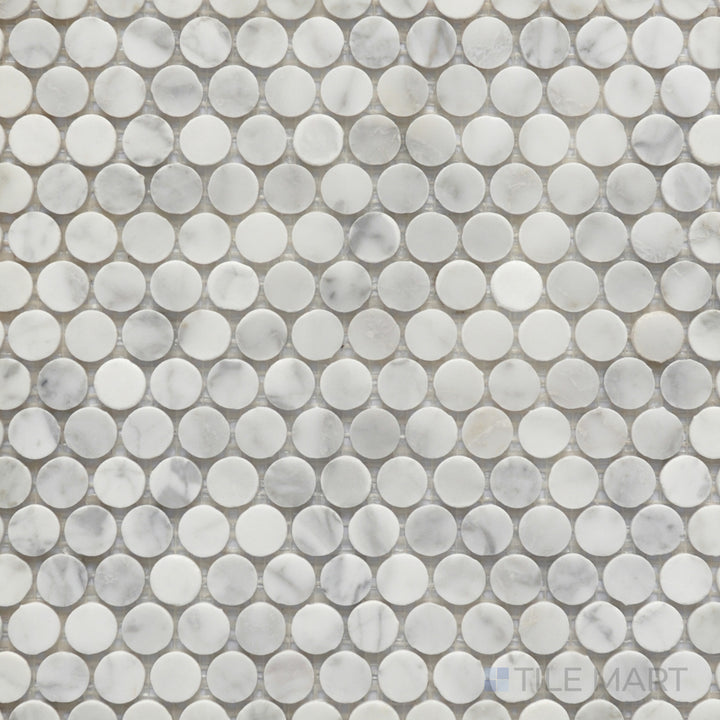 An overhead view of the Rockart Carrara Marble Penny Round Mosaic showcases its classic white Carrara marble arranged in a refined penny-round pattern, adding a timeless and elegant touch.