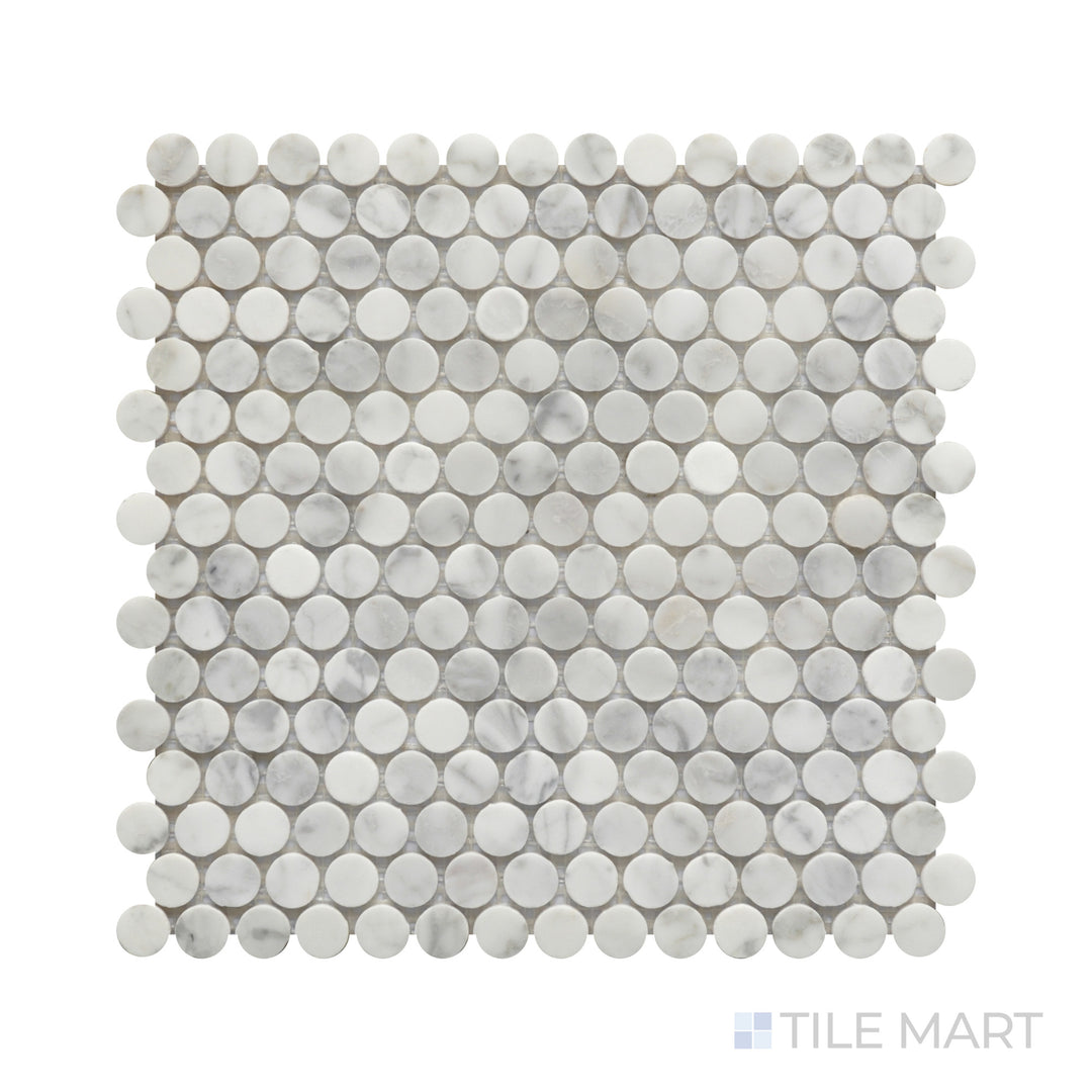Close-up of Rockart Carrara Marble Penny Round Mosaic, featuring rounded Carrara marble tiles with a polished finish for a timeless aesthetic.