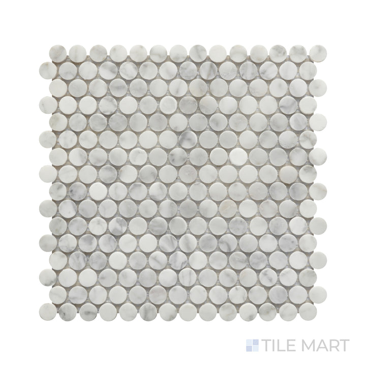 Close-up of Rockart Carrara Marble Penny Round Mosaic, featuring rounded Carrara marble tiles with a polished finish for a timeless aesthetic.