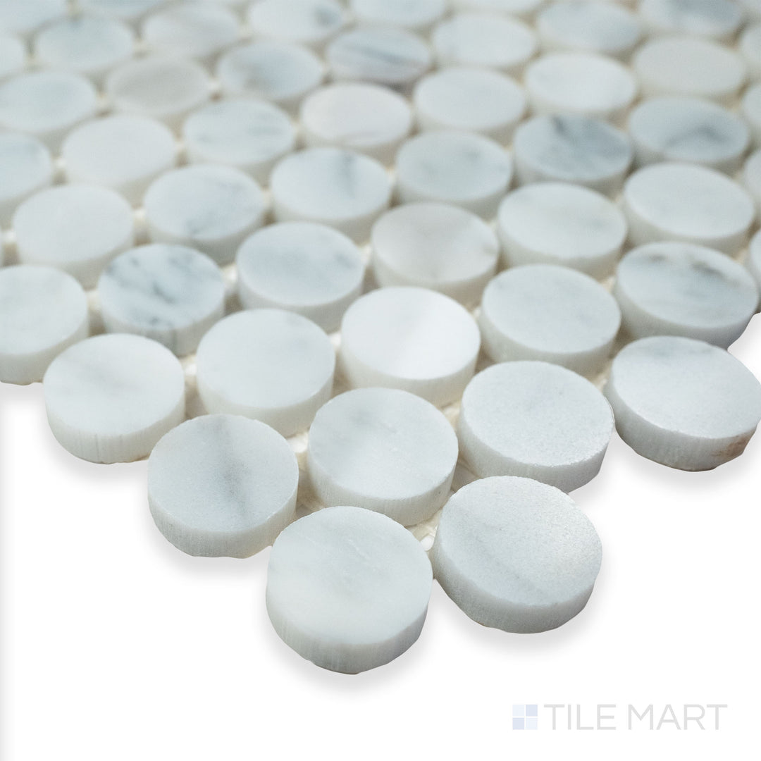 Rockart Carrara Marble Penny Round mosaic in a detailed corner shot, emphasizing its classic penny tile design with a polished white marble finish.