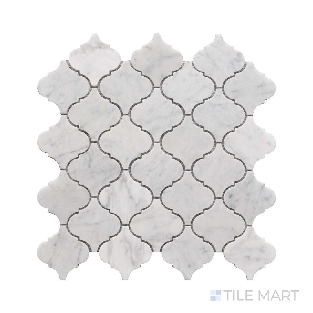 Zoomed-in view of Rockart Carrara Marble Lantern Mosaic, where interlocking lantern shapes crafted from Carrara marble create an intricate and polished design.
