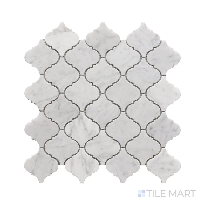 Zoomed-in view of Rockart Carrara Marble Lantern Mosaic, where interlocking lantern shapes crafted from Carrara marble create an intricate and polished design.
