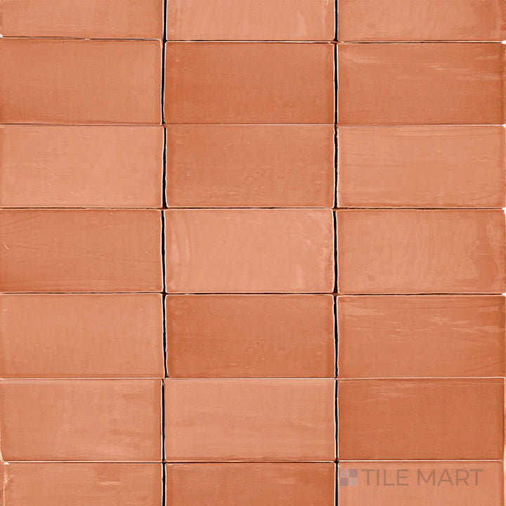 A top-down shot of the St. Tropez Coral 2.5x5 inch bright ceramic tile presents its warm coral hue with a high-gloss surface, bringing a vibrant and inviting atmosphere.