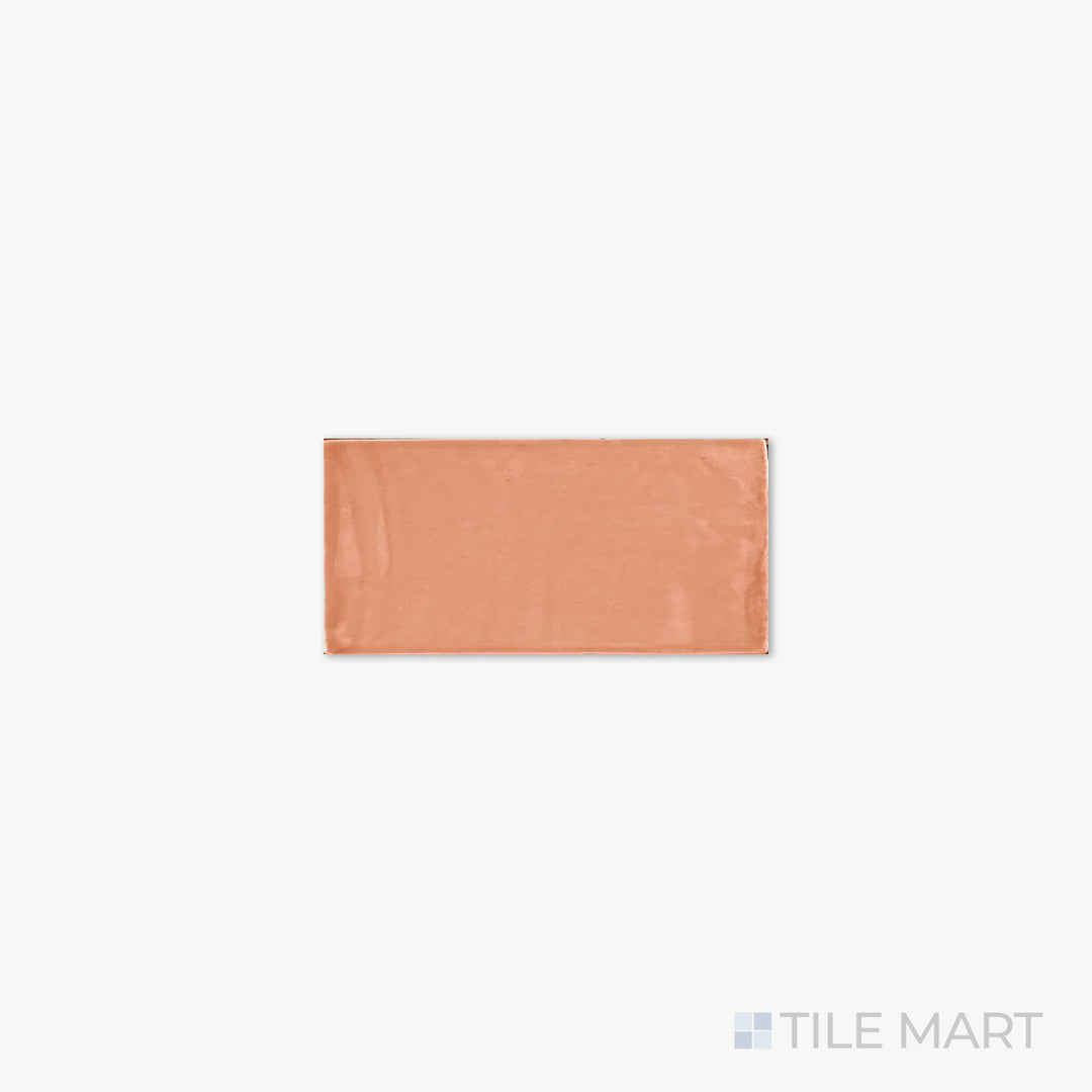 A detailed view of St. Tropez Coral 2.5X5 Bright Ceramic, highlighting its lively coral hue and polished ceramic texture for a modern appeal.