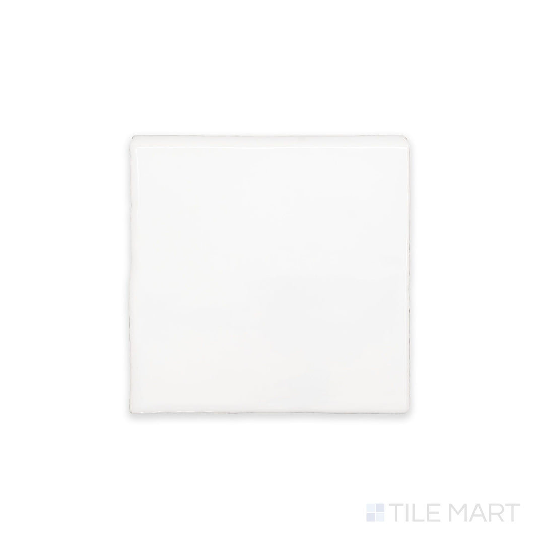 A top-down view of St. Tropez Blanco 5x5 bright ceramic bullnose, showcasing its crisp white color and glossy finish.