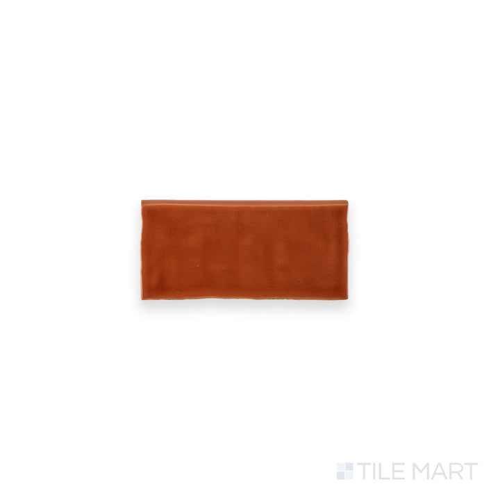 Top-down view of St. Tropez Coral 2.5x5 Bright ceramic bullnose tile, revealing a vibrant coral glaze with a finished bullnose edge.