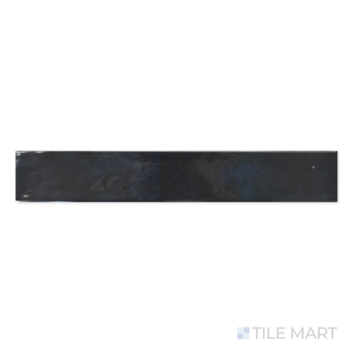 Close-up of Zellige Deep Blue 2X16 Bright Ceramic, featuring a rich navy shade and a polished ceramic surface that enhances color vibrancy.