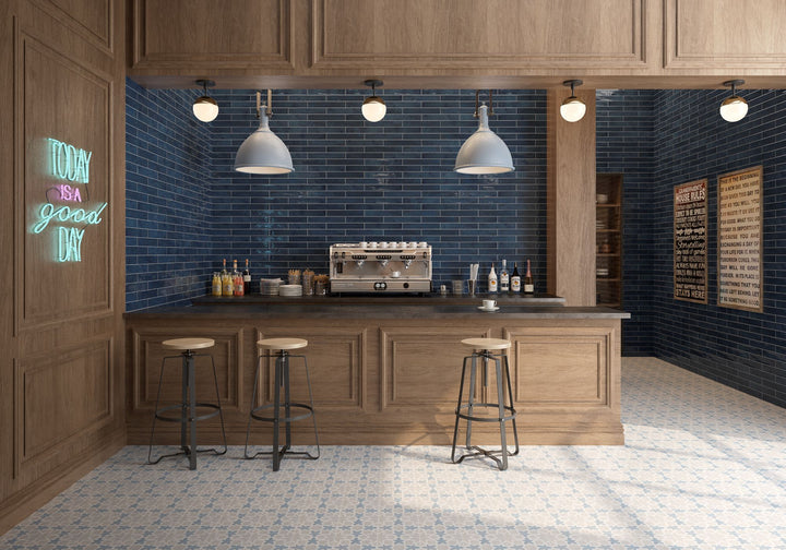 Zellige Deep Blue 2X16 bright ceramic tile infuses spaces with rich, oceanic hues, perfect for bold and unique designs.