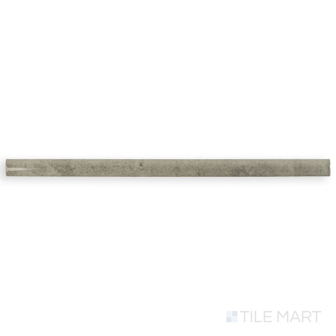 This image shows the full Zellige Tender Gray 0.75x16 Bright ceramic pencil tile in a warm gray tone with a sleek, polished surface.