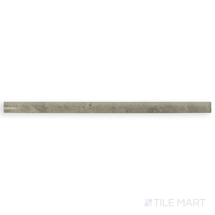 This image shows the full Zellige Tender Gray 0.75x16 Bright ceramic pencil tile in a warm gray tone with a sleek, polished surface.