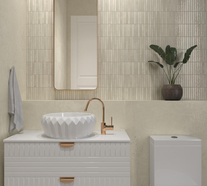 Ivory porcelain mosaic tile in a Kit Kat format with a glossy surface, ideal for clean and neutral interior design themes.