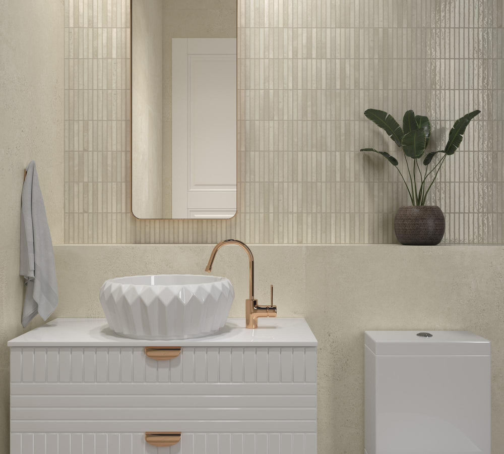 Ivory porcelain mosaic tile in a Kit Kat format with a glossy surface, ideal for clean and neutral interior design themes.