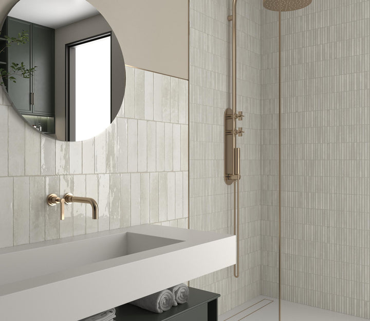 Glossy Kit Kat Ivory porcelain tile offering a smooth texture and subtle warmth for contemporary wall applications.