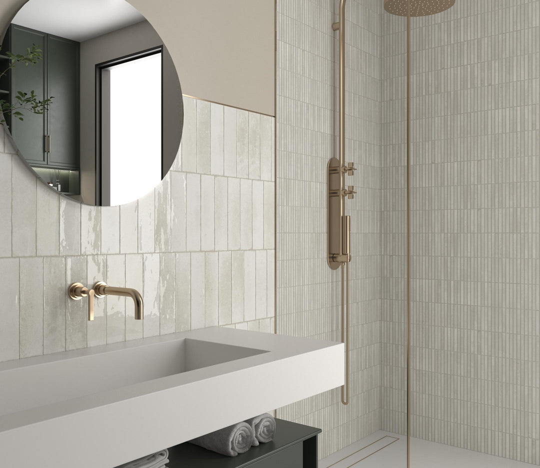 Glossy Kit Kat Ivory porcelain tile offering a smooth texture and subtle warmth for contemporary wall applications.