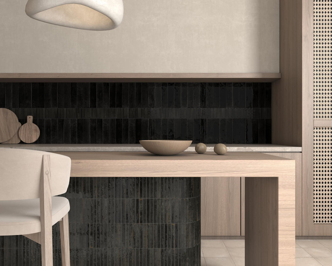 Kit Kat Noche porcelain mosaic tile with a deep glossy finish, creating bold contrast and elegance in contemporary interiors.