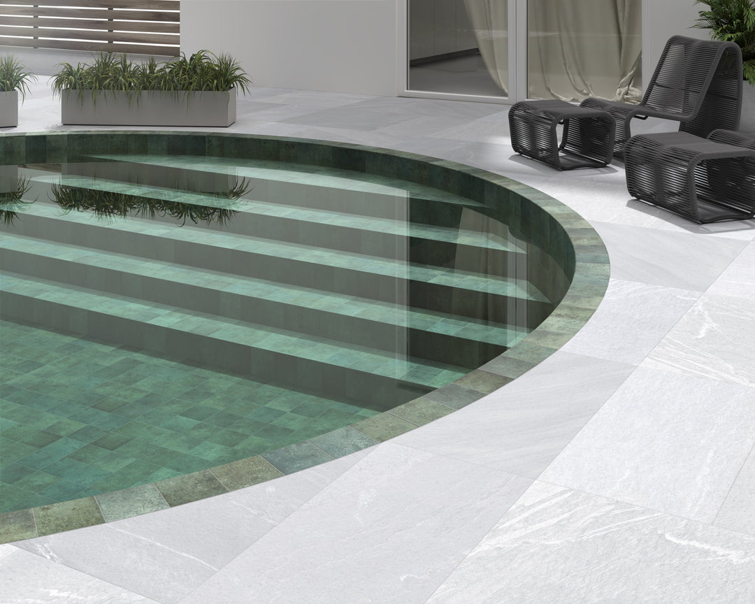 Tahiti Emerald bullnose tile in matte R11 finish, providing a clean, finished edge with slip-resistant texture.