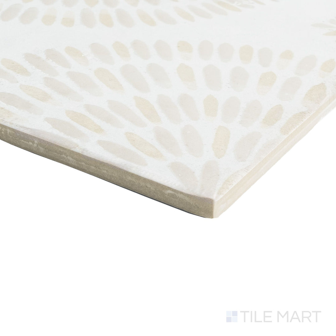 Corner shot of Atlantique Bayonne 8x8 tile showing worn matte texture and softly faded detailing along the edge.