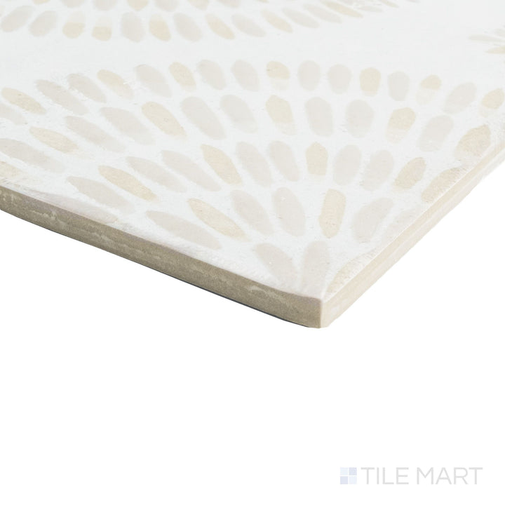 Corner shot of Atlantique Bayonne 8x8 tile showing worn matte texture and softly faded detailing along the edge.