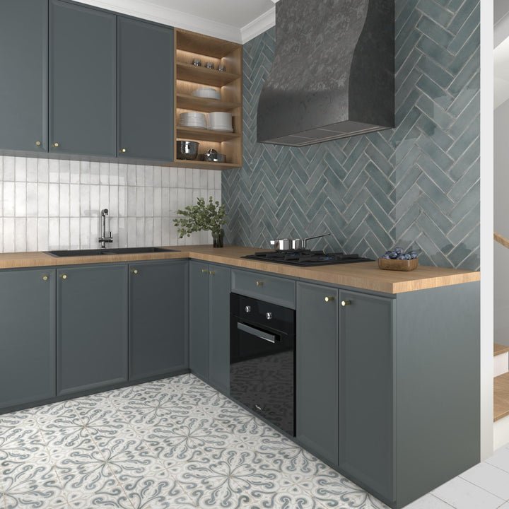 Josselin tile from the Atlantique series in an 8x8 matte format, showcasing subtle vintage charm in floor or wall settings.