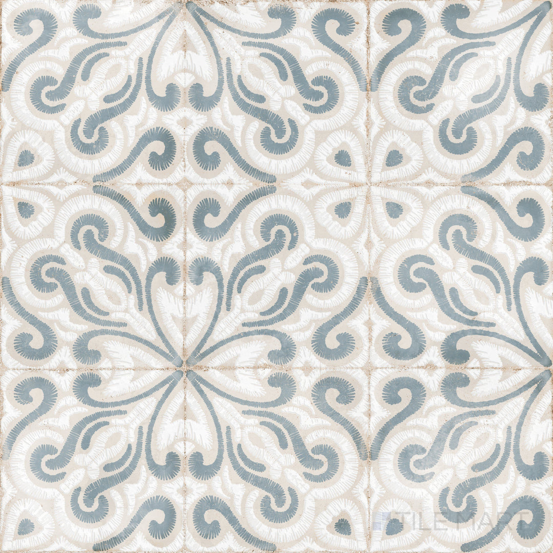 Classic patterns and muted hues define this 8x8 matte porcelain tile, evoking European charm.