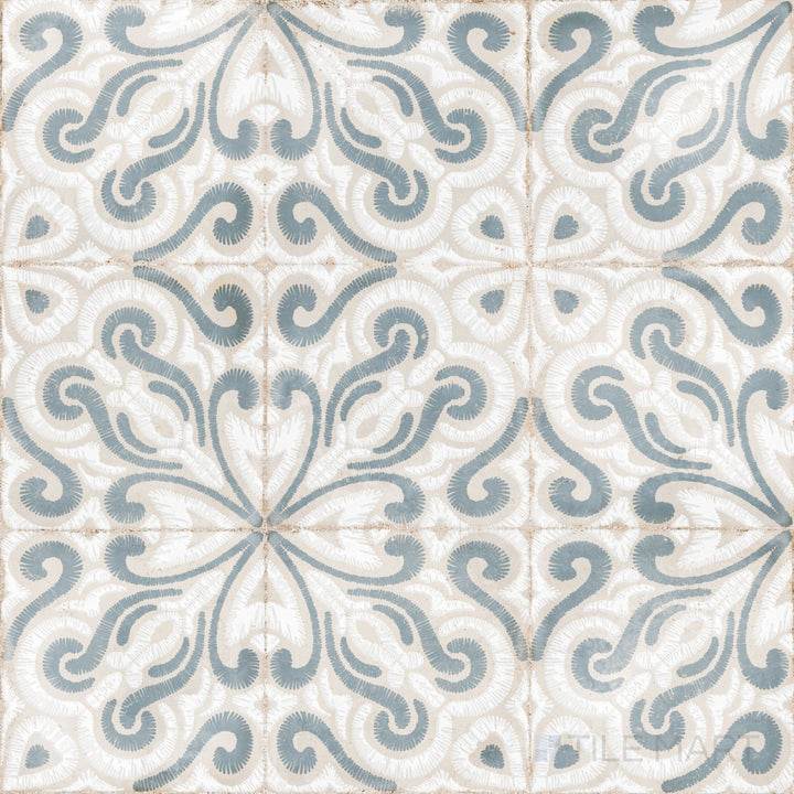 Classic patterns and muted hues define this 8x8 matte porcelain tile, evoking European charm.