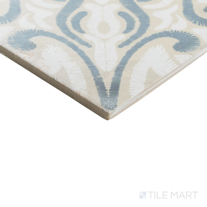 Angled view of Atlantique Josselin 8x8 matte tile with subtle vintage pattern wrapping around a defined tile corner.