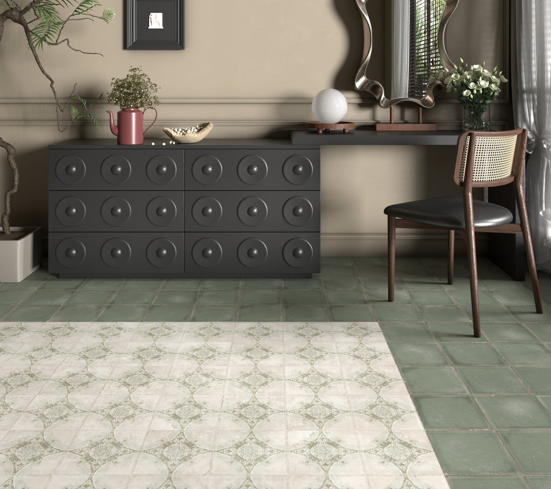 Atlantique Saint-Michel Olive 8x8 porcelain tile with matte finish, blending muted green tones into elegant classic style.