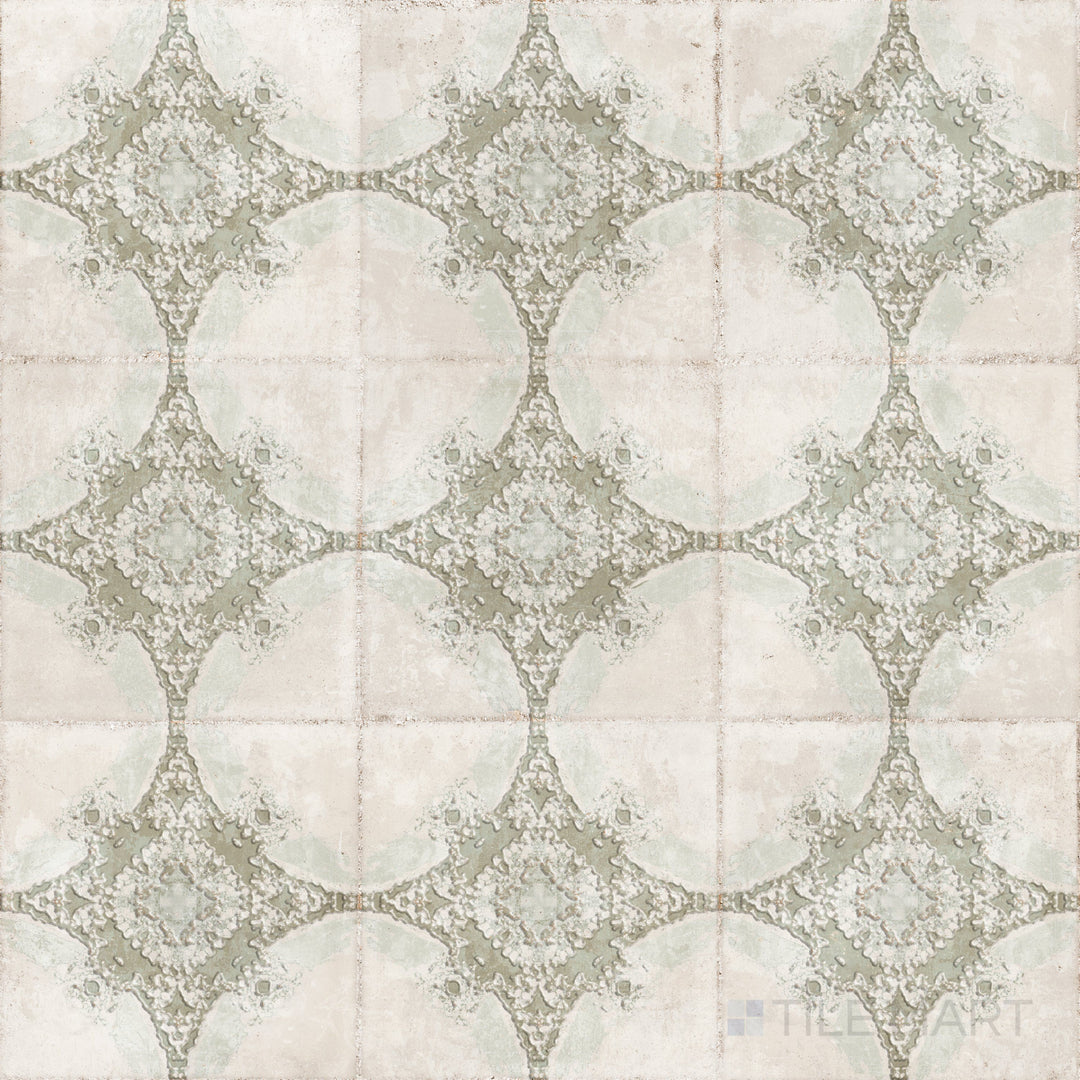 Soft olive green and subtle vintage detailing create a timeless feel in this 8x8 matte porcelain tile.