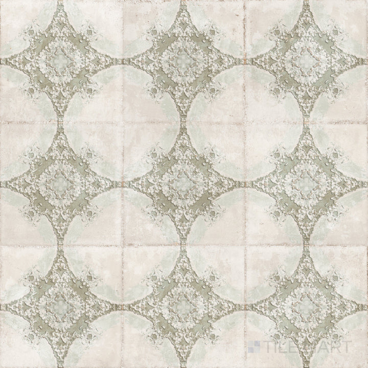 Soft olive green and subtle vintage detailing create a timeless feel in this 8x8 matte porcelain tile.