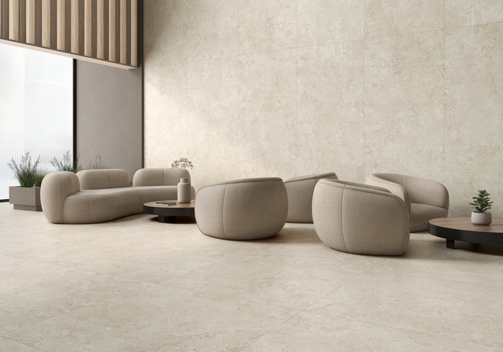 Avalon Blanco large-format 48x48 matte porcelain tile offers a clean, open look with smooth texture and minimalist appeal.