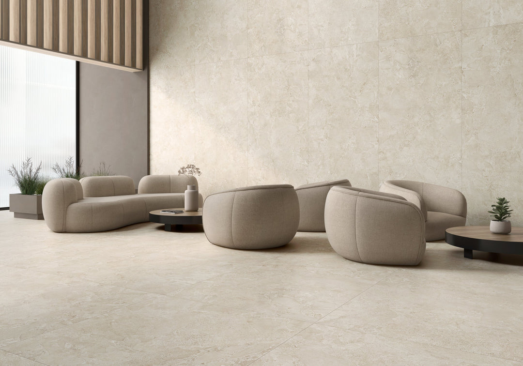 Avalon Blanco large-format 48x48 matte porcelain tile offers a clean, open look with smooth texture and minimalist appeal.