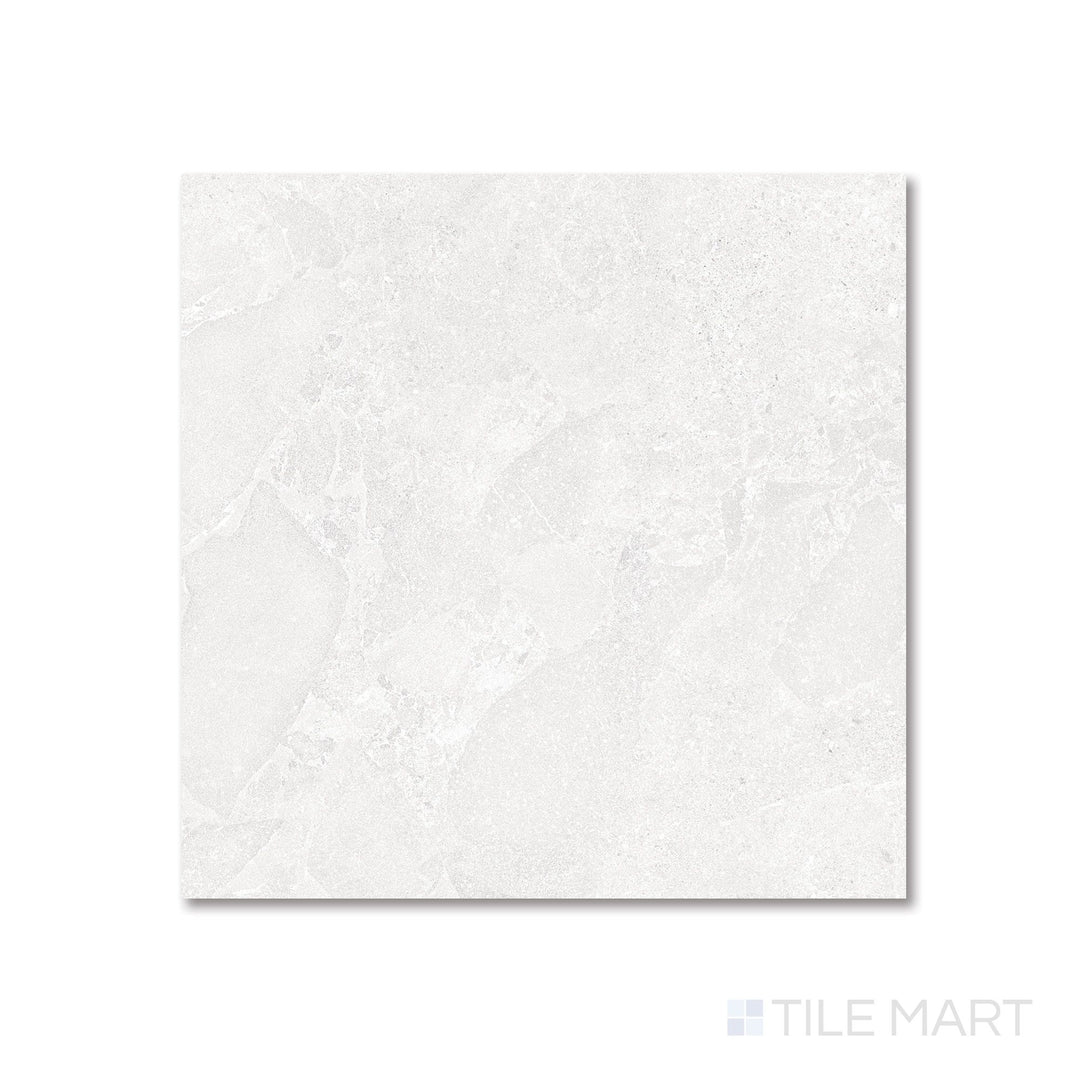Top-down view of Avalon Blanco 48x48 matte porcelain tile, showcasing its expansive white surface with soft stone texture.