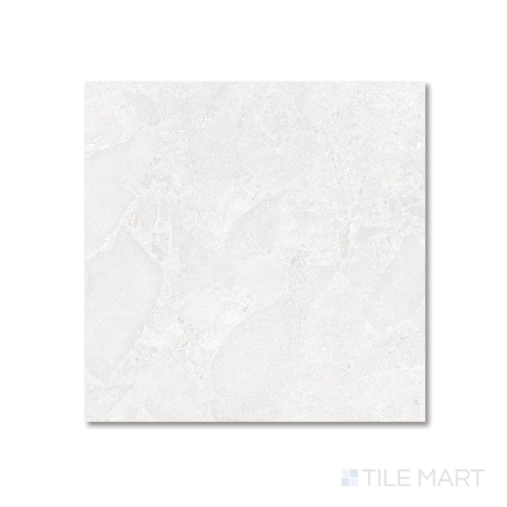 Top-down view of Avalon Blanco 48x48 matte porcelain tile, showcasing its expansive white surface with soft stone texture.