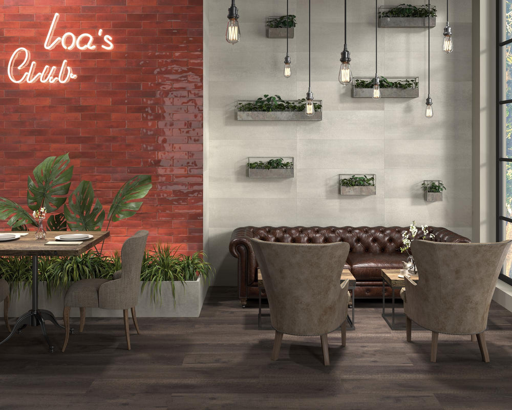 Agadir Lava 3x11 glossy porcelain tile featuring rich red tones, bringing a bold and polished touch to the design.