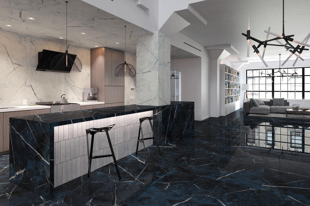 Bright porcelain tile in Piedra finish, 3x11 size, delivering sleek style with earthy character.