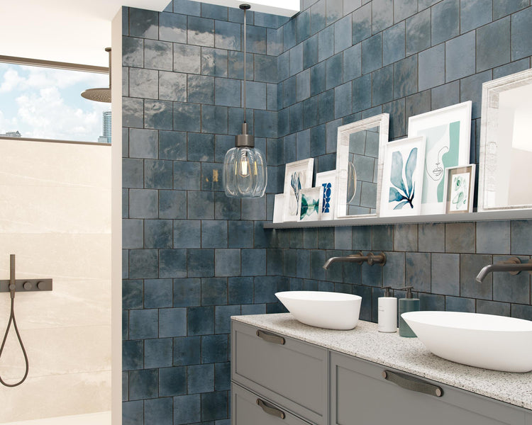 Glossy porcelain tile in Agadir Lago's refreshing blue, 6x6 format for compact yet striking applications.