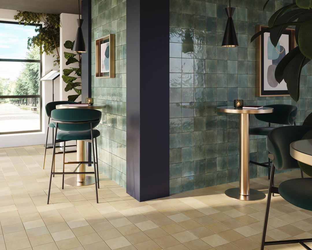 Agadir Selva 6x6 glossy porcelain tile in deep green tones, bringing a lush natural feel to any design.