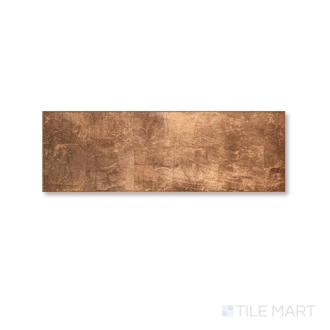 Top-down view of Cristal Foglio Di Rame 10x30 glass tile showing its coppery metallic gloss and clean rectangular form.
