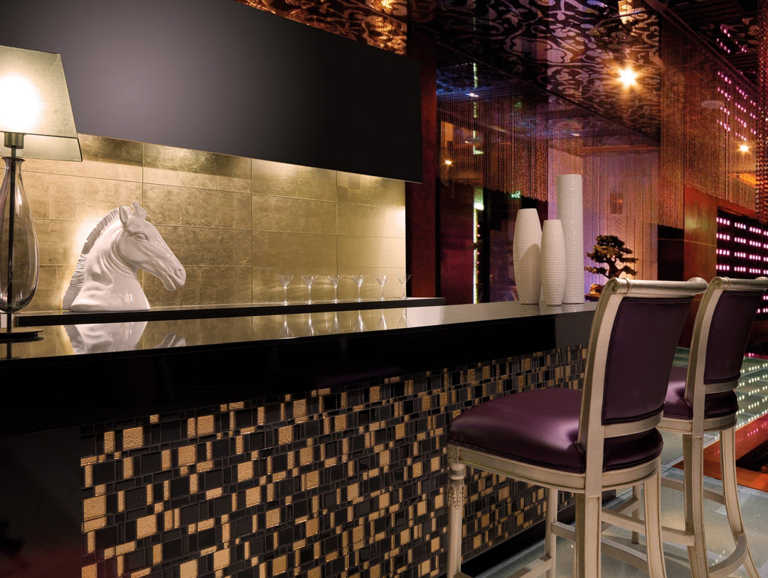 Cristal Foglio D'Oro 10x30 glossy gold glass tile, adding a radiant, luxurious finish to decorative surfaces.