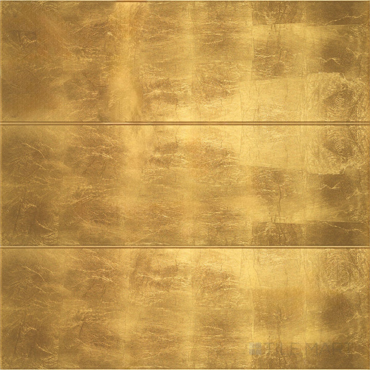 Gold-toned shimmer and a glossy finish bring luxurious elegance to this 10x30 Cristal Foglio D'Oro glass tile.