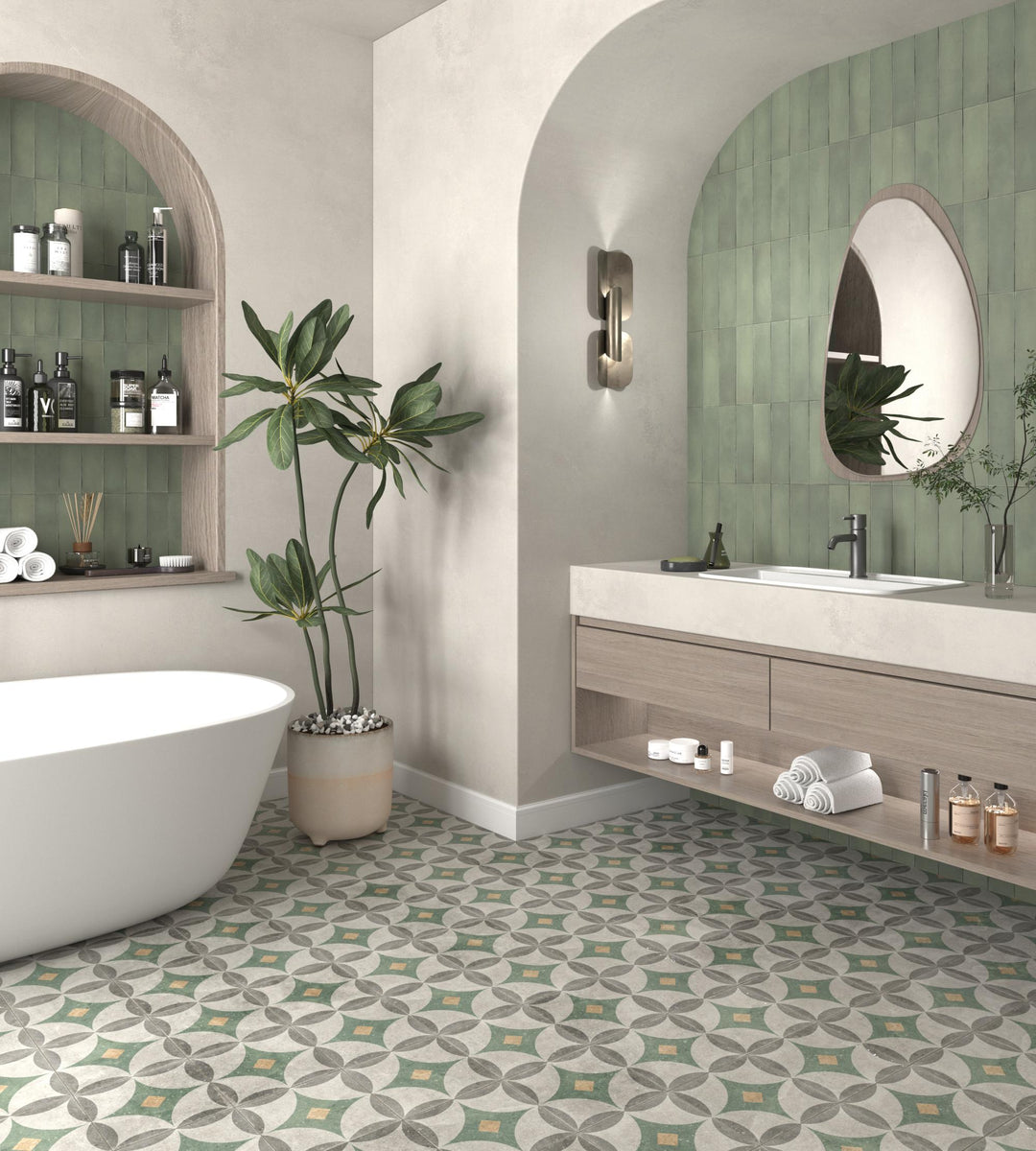 Milano Bosco 3x9 matte porcelain tile in forest green, ideal for nature-inspired or moody interiors.