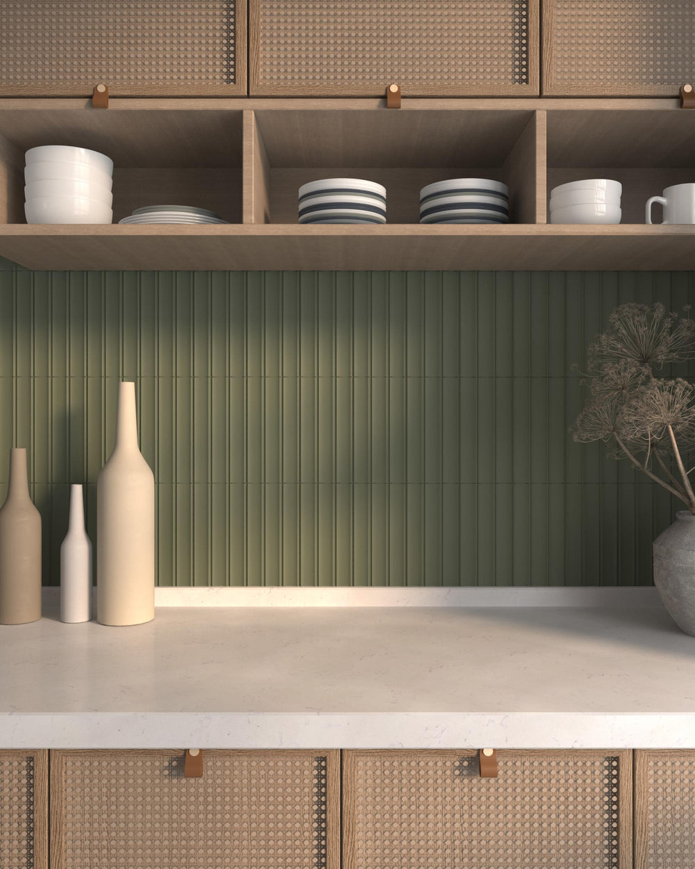 Milano Scala Bosco 4.5x9 matte porcelain tile in deep green with sculptural appeal for statement surfaces.