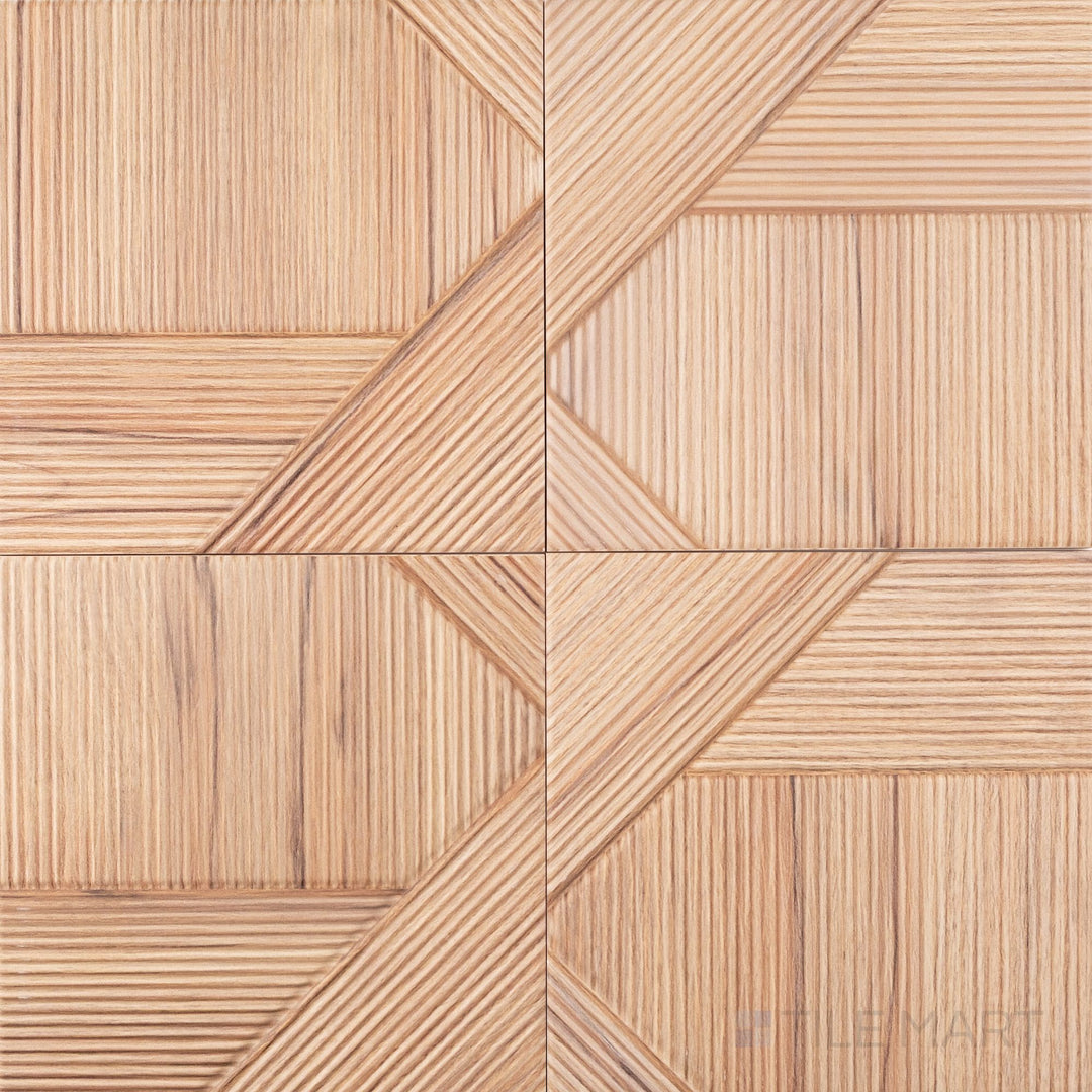 A warm teak wood tone and subtle striped pattern define this 10x10 matte ceramic tile.