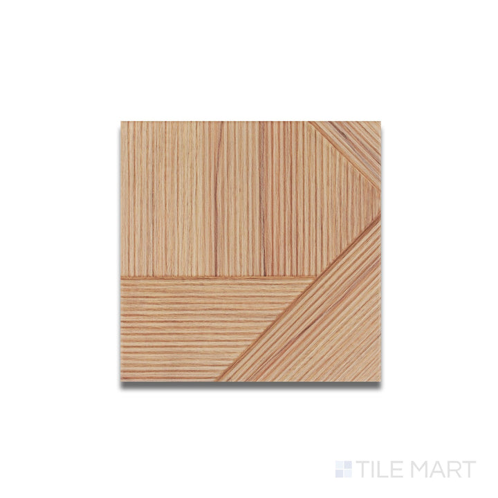 Top-down view of Stripes Teak 10x10 matte ceramic tile showing warm wood-inspired tones with subtle linear texture.