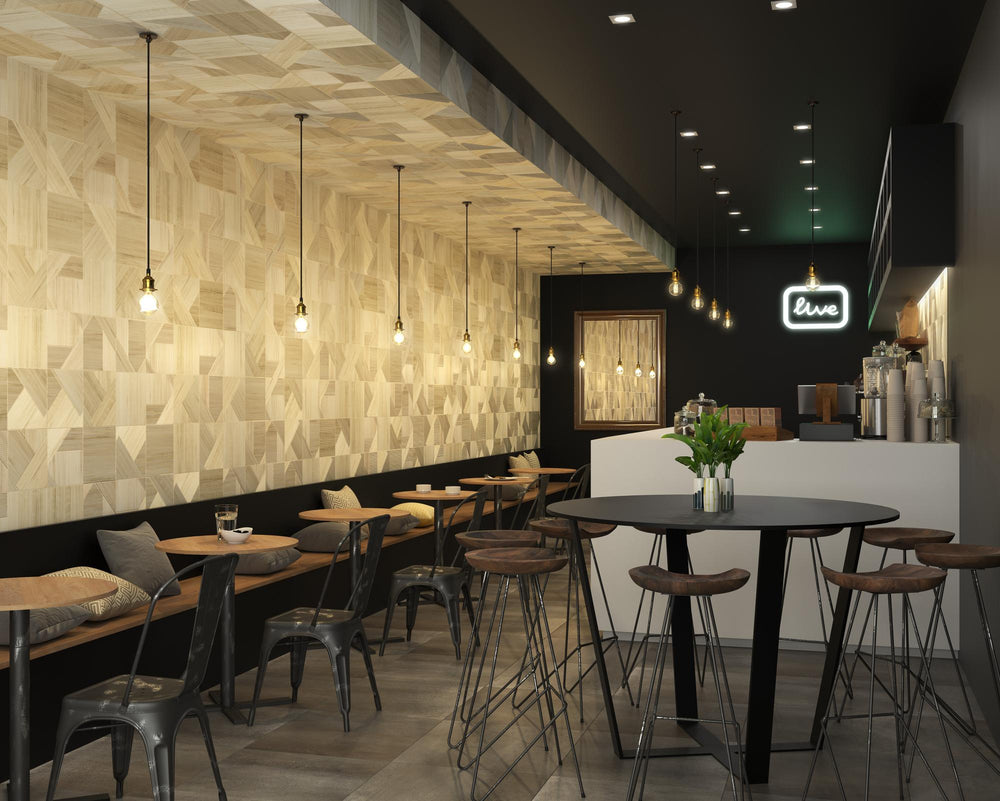 Real-life setting with Stripes Bamboo 10x10 matte ceramic tile, showcasing its natural linear texture in a modern space.