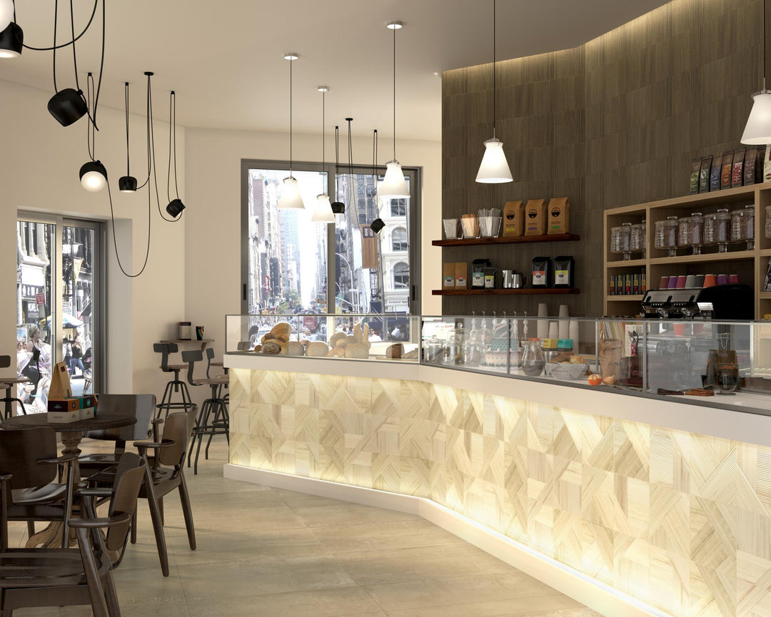 Roomscene displaying Stripes Bamboo 10x10 matte ceramic tile, offering a serene, organic look in everyday interiors.