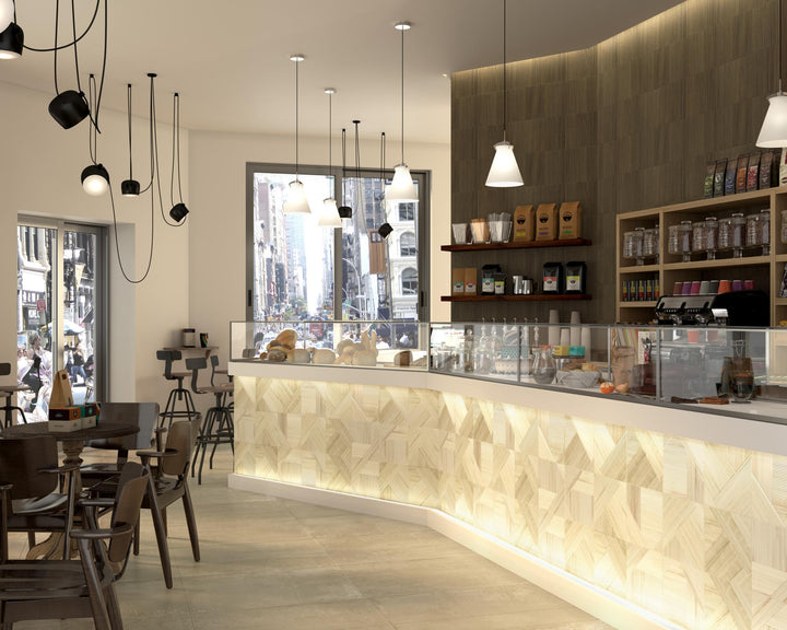 Roomscene displaying Stripes Bamboo 10x10 matte ceramic tile, offering a serene, organic look in everyday interiors.