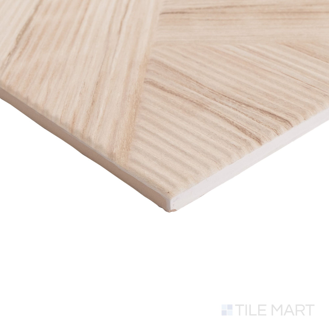 Angled view of Stripes Bamboo 10x10 matte ceramic tile with light natural tones and subtle striping wrapping to the edge.
